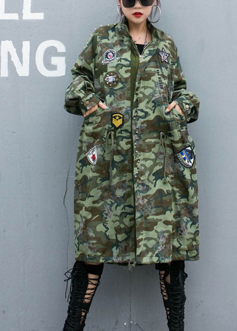 Lässiger Camouflage-nieten-print-taschen Herbst-denim-trenchcoat Mit Langen Ärmeln