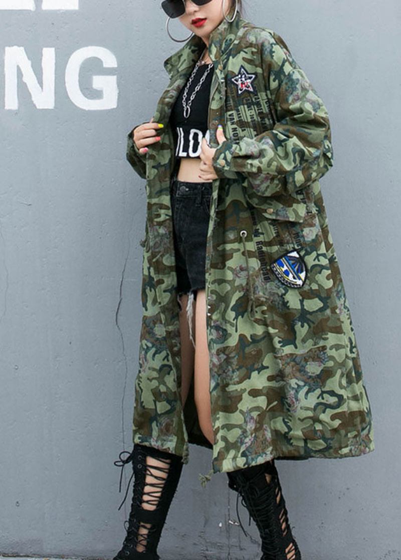 Lässiger Camouflage-nieten-print-taschen Herbst-denim-trenchcoat Mit Langen Ärmeln - Schwarz