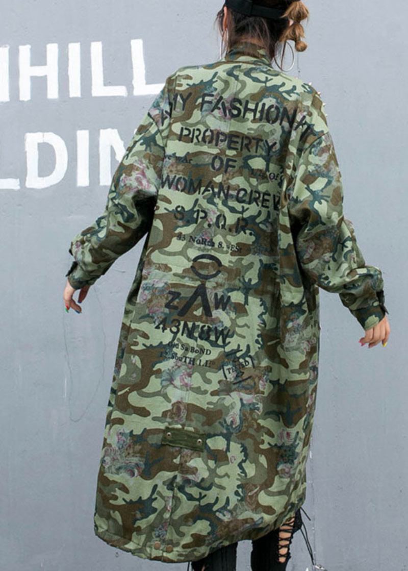 Lässiger Camouflage-nieten-print-taschen Herbst-denim-trenchcoat Mit Langen Ärmeln - Schwarz