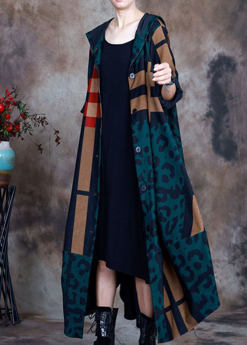 Lässiger Grüner Patchwork-karo-knopfdruck Mit Asymmetrischem Design Für Den Herbst - Damen-Trenchcoats