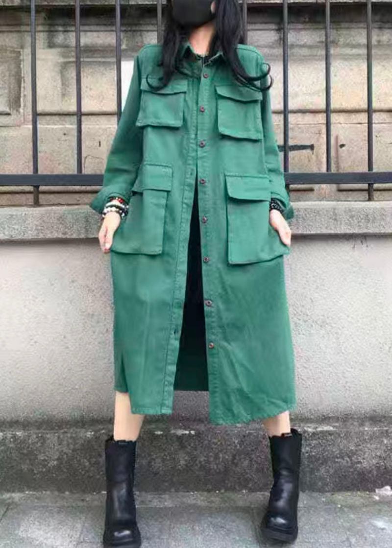 Lässiger Grüner Peter Pan Kragen Taschen Patchwork Baumwolle Trenchcoat Herbst - Damen-Trenchcoats