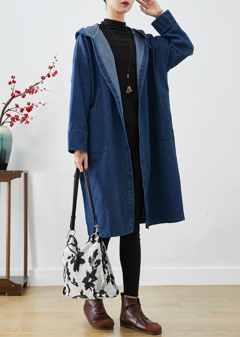 Lässiger Marineblauer Übergroßer Trenchcoat Aus Baumwolle Mit Kapuze Für Den Herbst - Damen-Trenchcoats