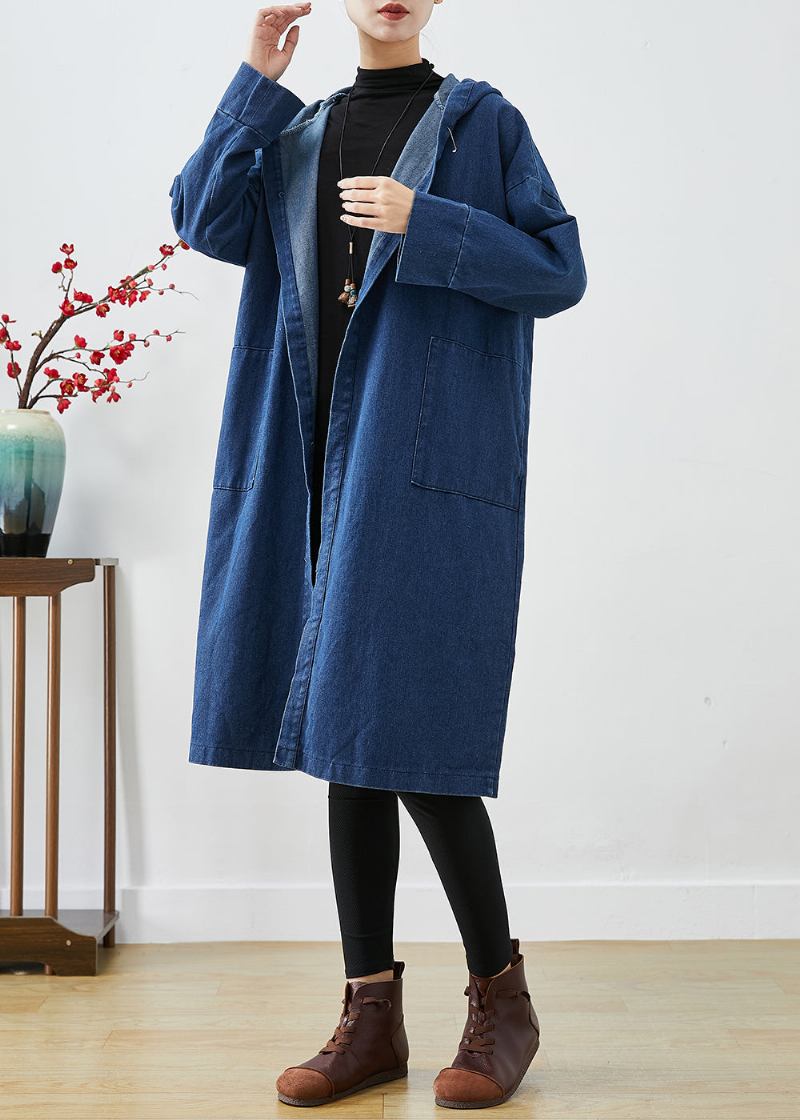 Lässiger Marineblauer Übergroßer Trenchcoat Aus Baumwolle Mit Kapuze Für Den Herbst - Damen-Trenchcoats