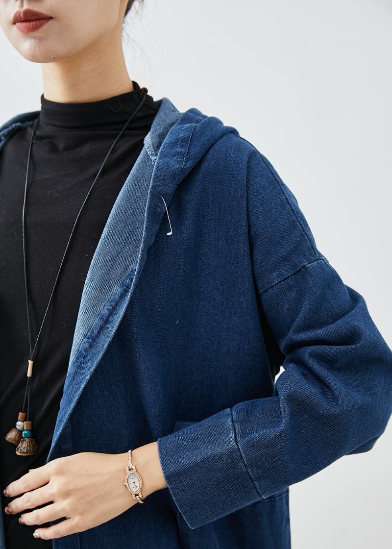 Lässiger Marineblauer Übergroßer Trenchcoat Aus Baumwolle Mit Kapuze Für Den Herbst - Damen-Trenchcoats