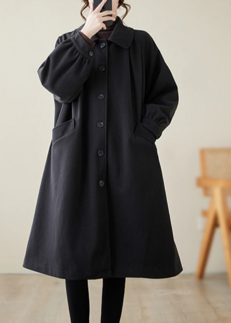 Lässiger Schwarzer Revers-übergroßer Woll-trenchcoat Für Den Frühling - Damen-Trenchcoats