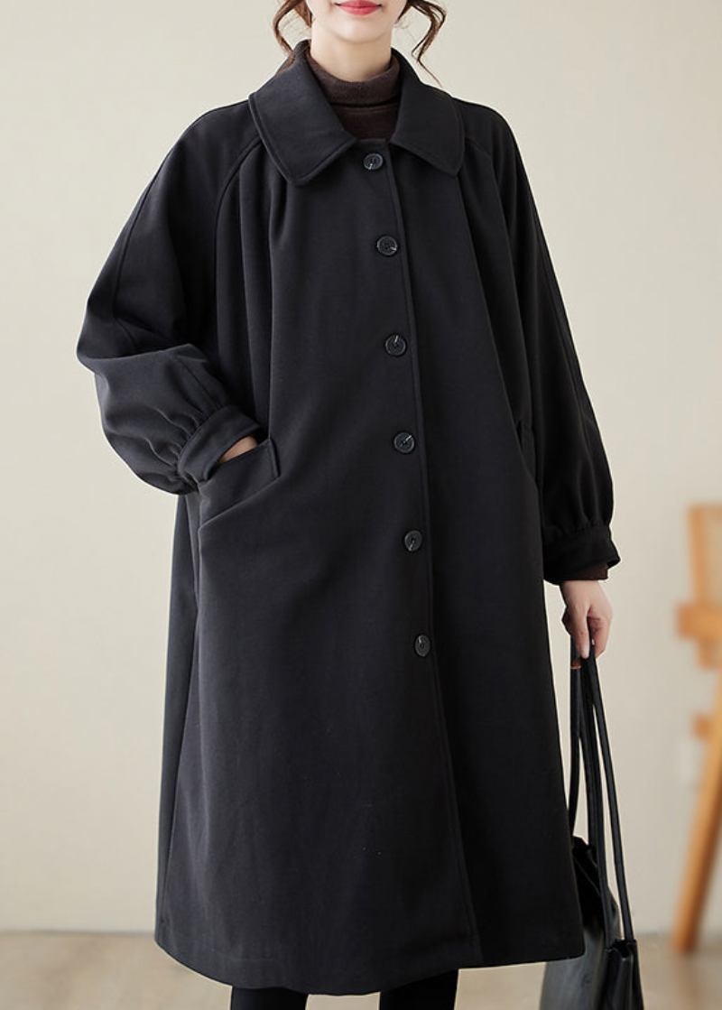 Lässiger Schwarzer Revers-übergroßer Woll-trenchcoat Für Den Frühling - Damen-Trenchcoats