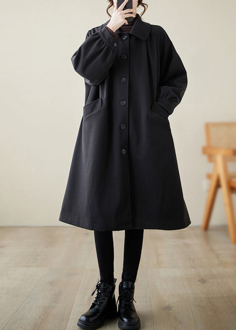 Lässiger Schwarzer Revers-übergroßer Woll-trenchcoat Für Den Frühling - Damen-Trenchcoats