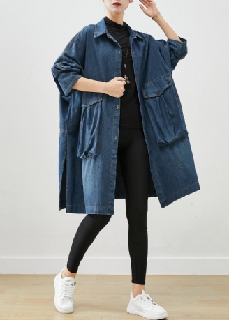 Lässiger Übergroßer Denim-trenchcoat Mit Großen Taschen In Marineblau Für Den Herbst