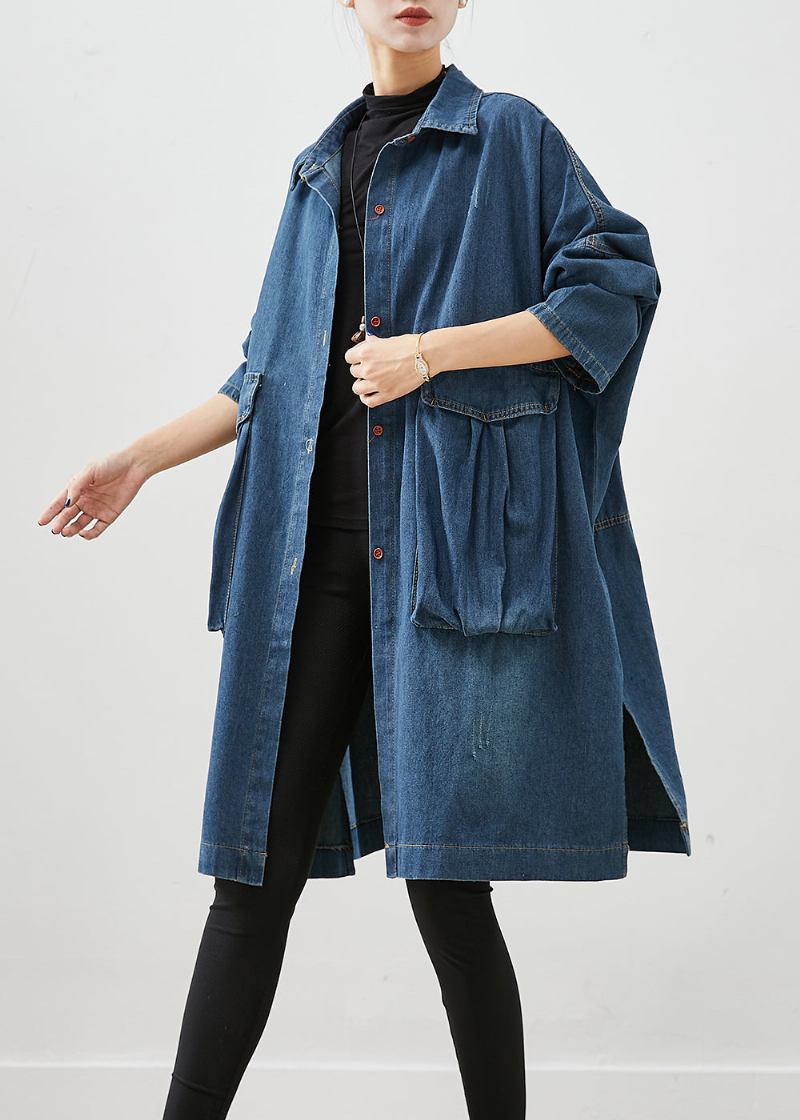 Lässiger Übergroßer Denim-trenchcoat Mit Großen Taschen In Marineblau Für Den Herbst - Damen-Trenchcoats