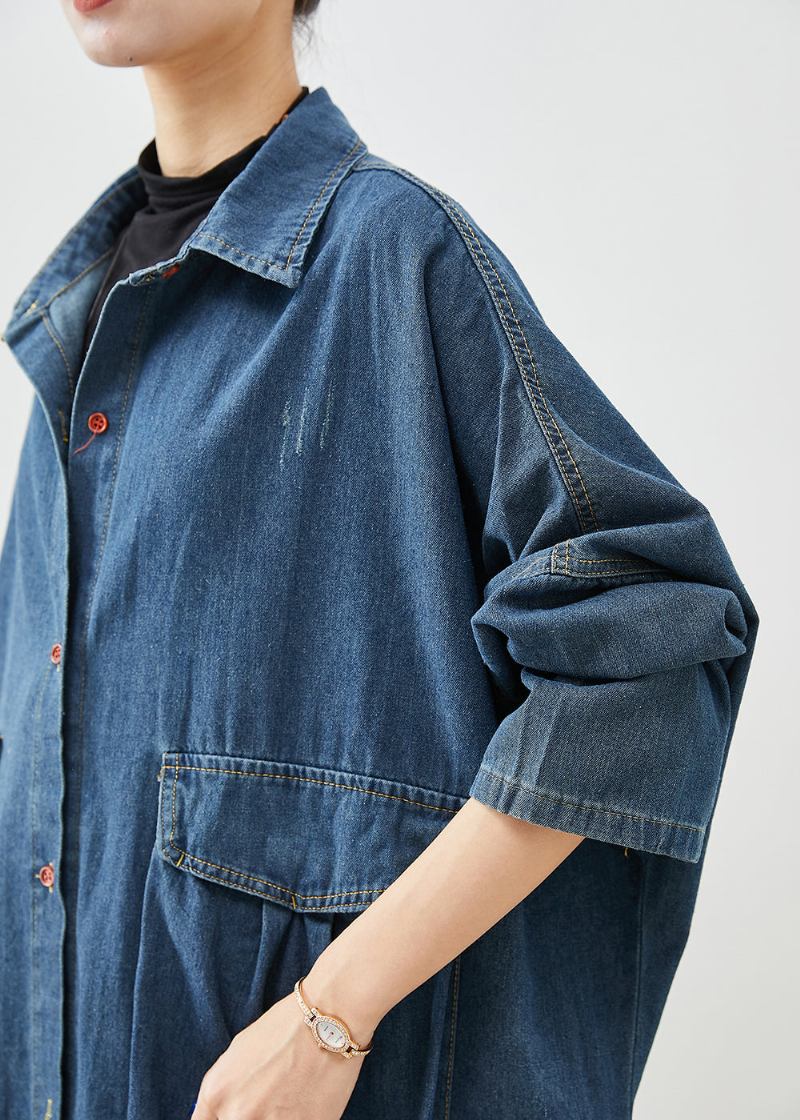 Lässiger Übergroßer Denim-trenchcoat Mit Großen Taschen In Marineblau Für Den Herbst - Damen-Trenchcoats