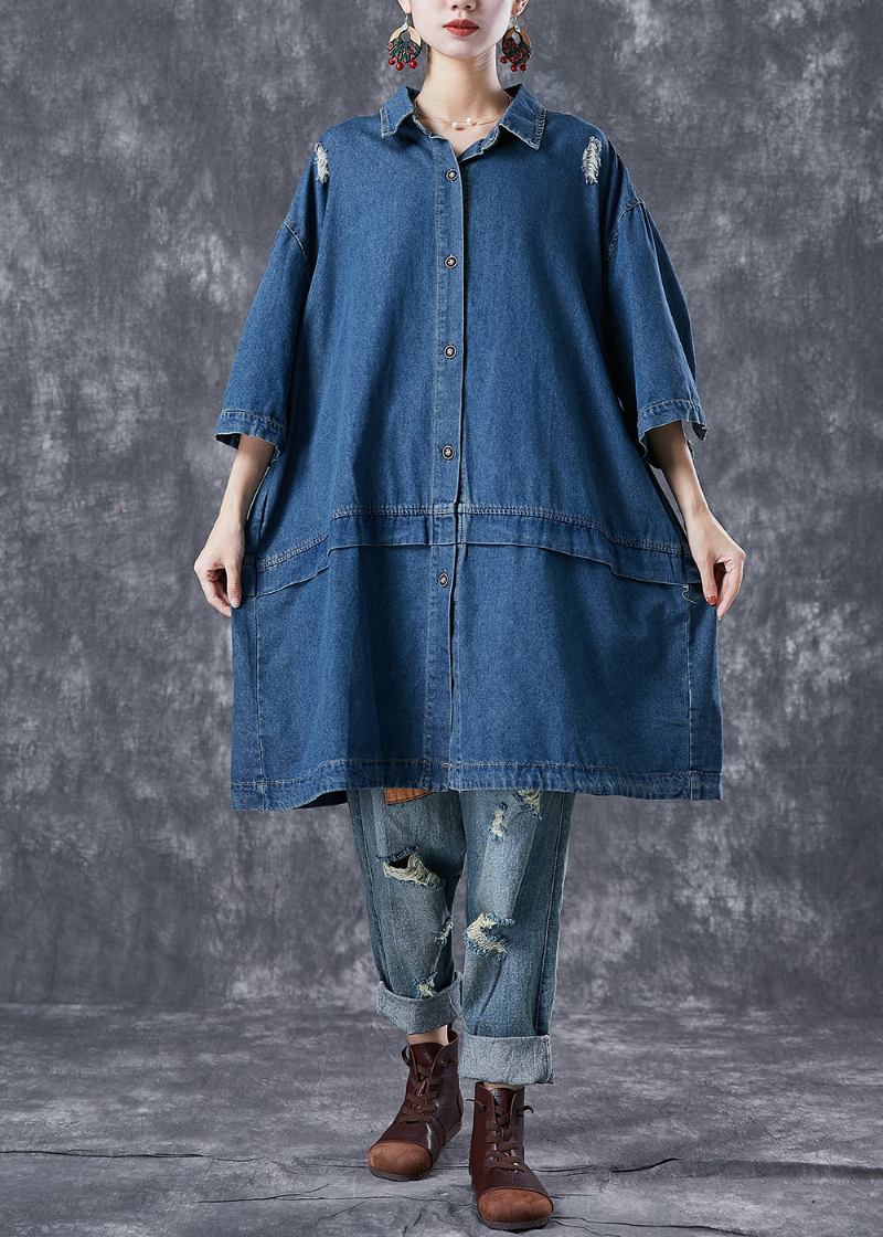 Lässiger Übergroßer Zerrissener Trenchcoat Aus Marineblauem Patchwork-denim Mit Armbandärmeln