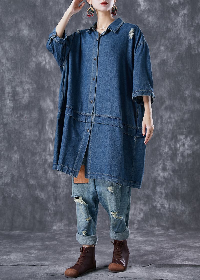 Lässiger Übergroßer Zerrissener Trenchcoat Aus Marineblauem Patchwork-denim Mit Armbandärmeln - Damen-Trenchcoats