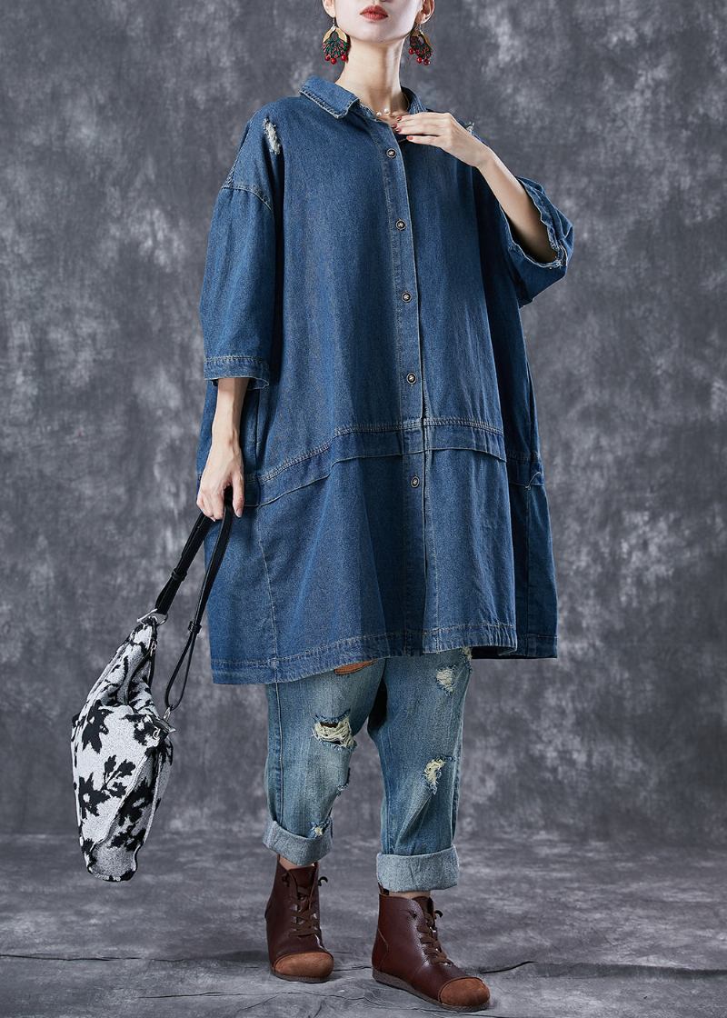 Lässiger Übergroßer Zerrissener Trenchcoat Aus Marineblauem Patchwork-denim Mit Armbandärmeln - Damen-Trenchcoats