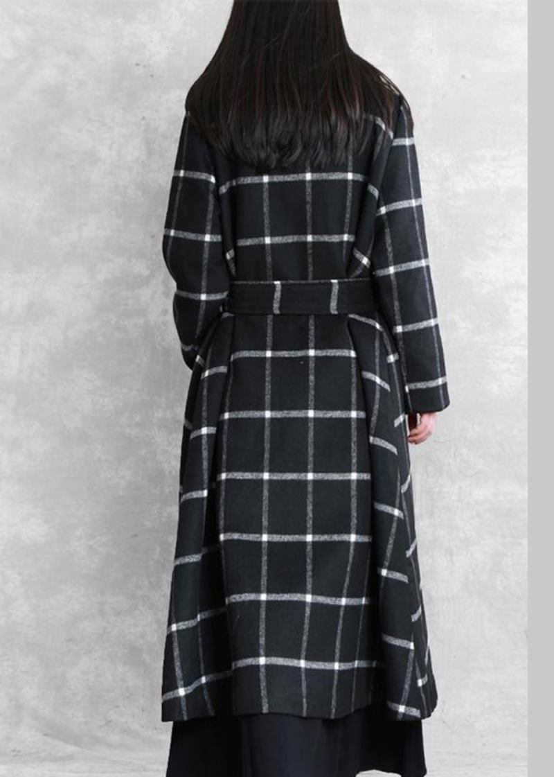 Lange Wollmäntel Für Damen In Übergröße Schwarz Kariert Wollmantel Mit Gekerbter Taille Und Bindegürtel - Damen-Trenchcoats