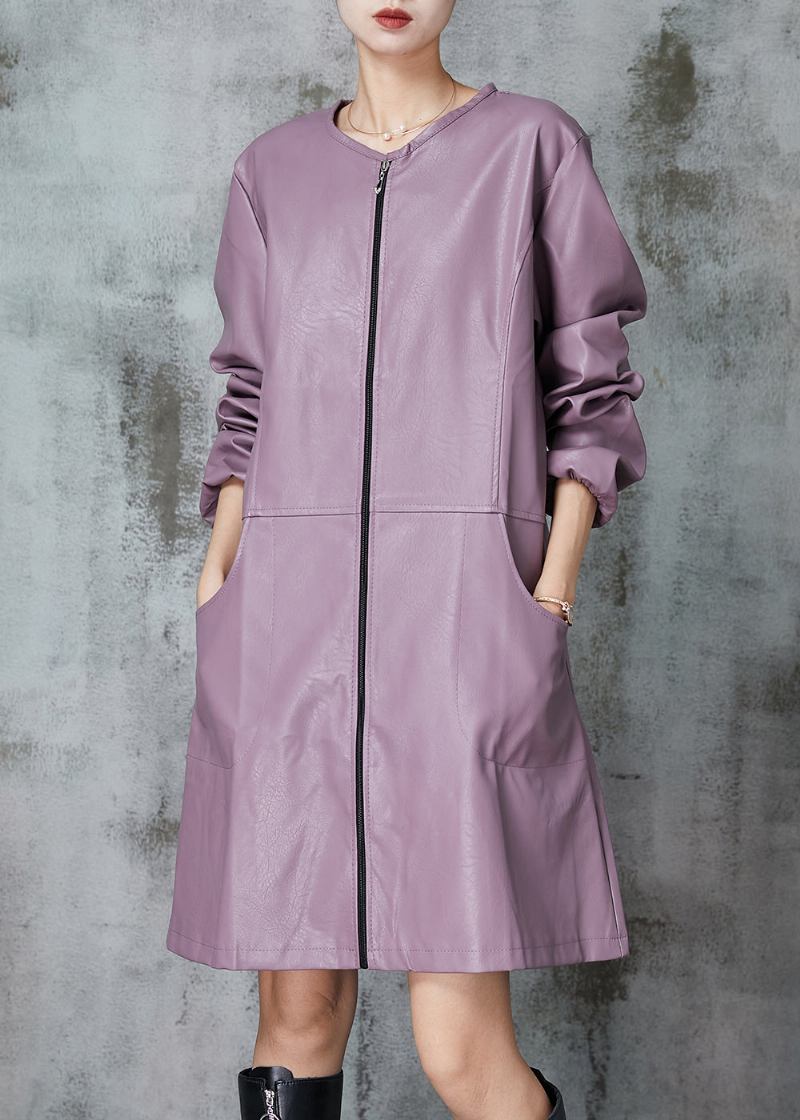 Lila Patchwork Kunstleder Trenchcoat O-ausschnitt Frühling - Damen-Trenchcoats