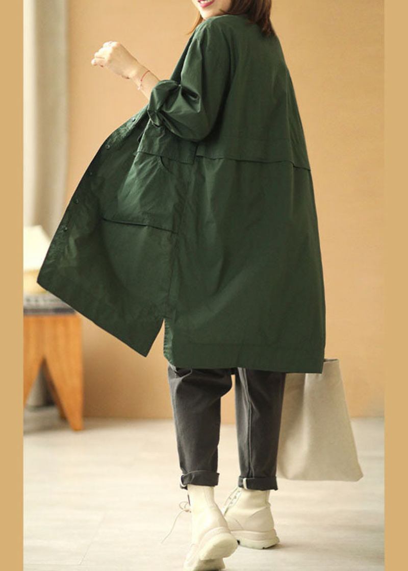 Lockerer Teegrüner Peter-pan-kragen Mit Knopftaschen Langärmeliger Trenchcoat Für Den Herbst - Damen-Trenchcoats