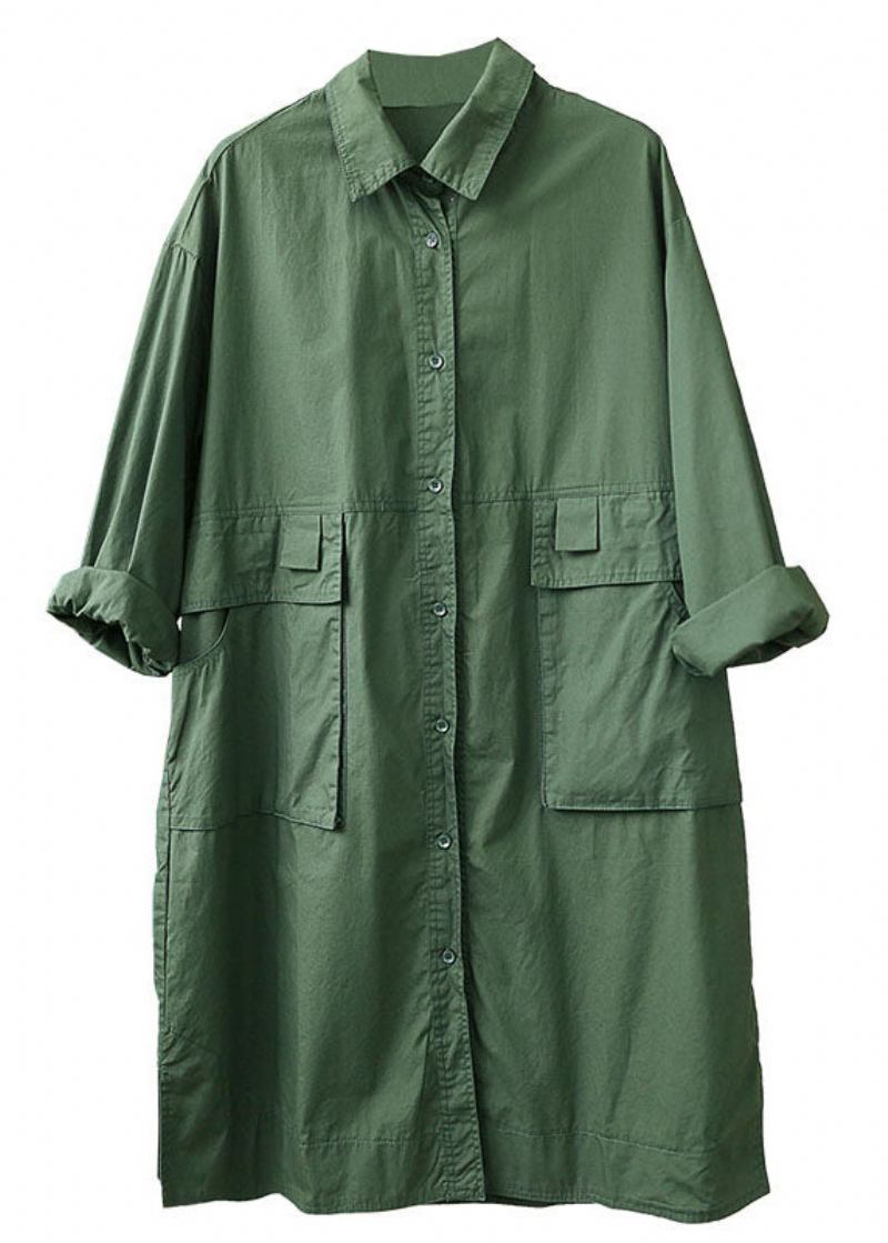 Lockerer Teegrüner Peter-pan-kragen Mit Knopftaschen Langärmeliger Trenchcoat Für Den Herbst - Damen-Trenchcoats