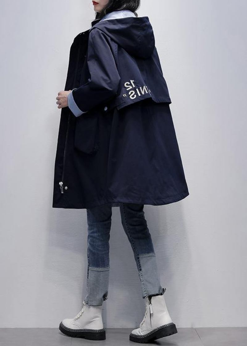 Lockeres Marineblaues Übergrößen-outfit Mit Kapuze Und Buchstabenmuster - Damen-Trenchcoats