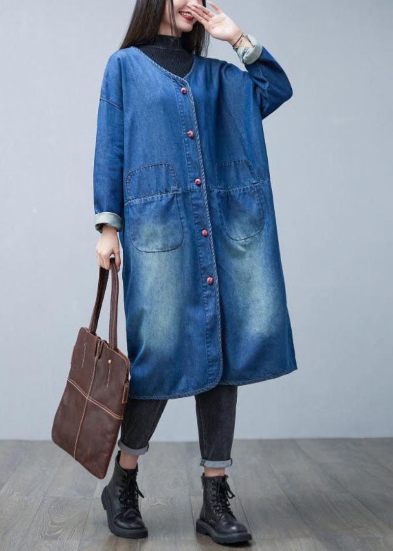 Lose Denim Blau V-ausschnitt Patchwork Taschen Baumwolle Trenchcoats Frühling