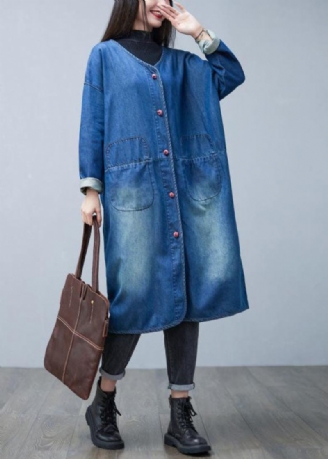 Lose Denim Blau V-ausschnitt Patchwork Taschen Baumwolle Trenchcoats Frühling