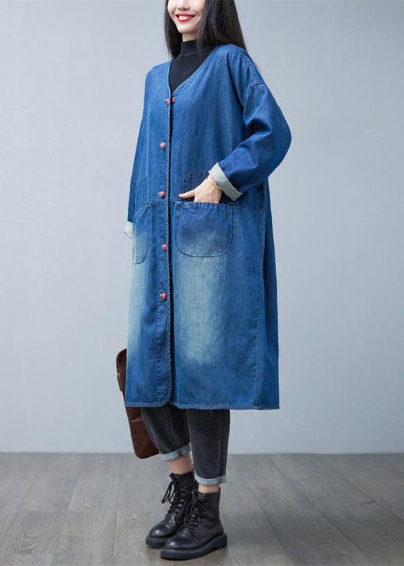 Lose Denim Blau V-ausschnitt Patchwork Taschen Baumwolle Trenchcoats Frühling - Damen-Trenchcoats