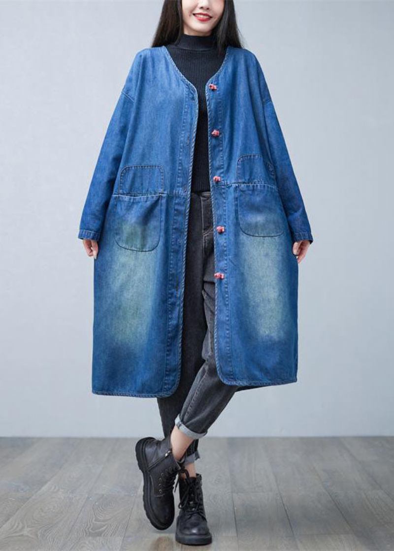 Lose Denim Blau V-ausschnitt Patchwork Taschen Baumwolle Trenchcoats Frühling - Damen-Trenchcoats