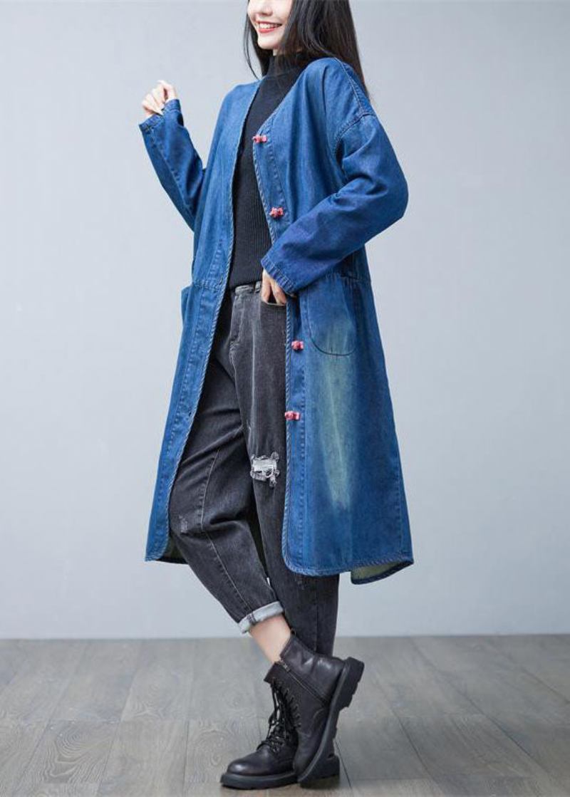 Lose Denim Blau V-ausschnitt Patchwork Taschen Baumwolle Trenchcoats Frühling - Damen-Trenchcoats