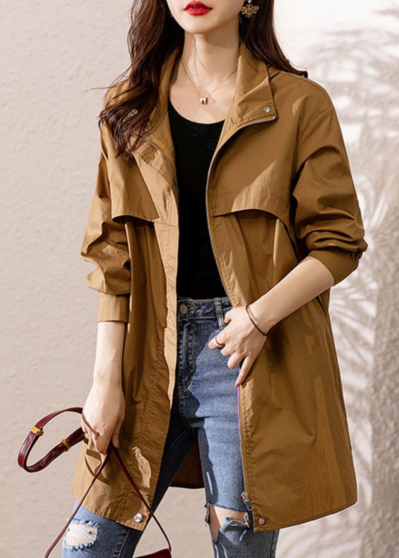 Lose Dunkel Khaki Mit Kapuze Zip Up Patchwork Baumwolle Trenchcoat Herbst