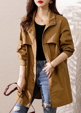 Lose Dunkel Khaki Mit Kapuze Zip Up Patchwork Baumwolle Trenchcoat Herbst