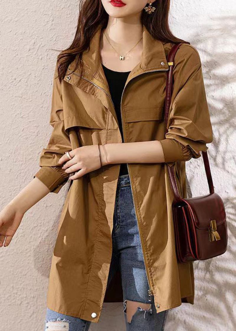 Lose Dunkel Khaki Mit Kapuze Zip Up Patchwork Baumwolle Trenchcoat Herbst - Damen-Trenchcoats