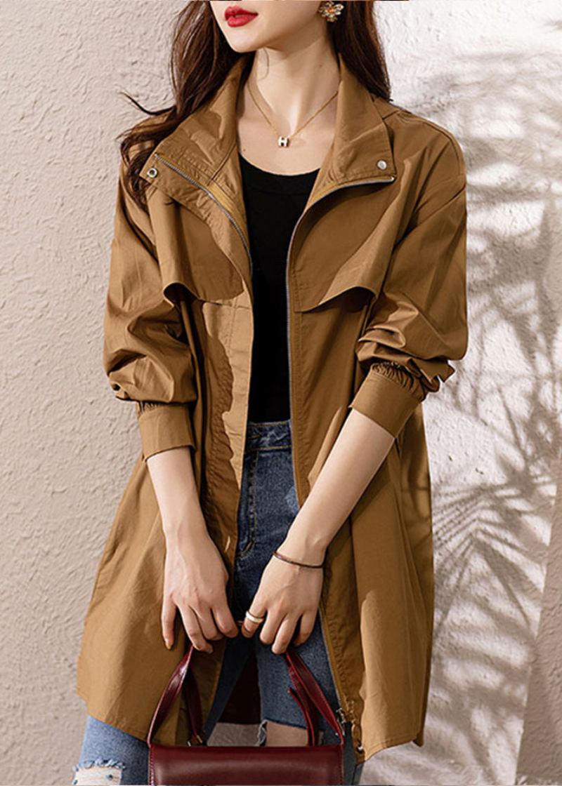 Lose Dunkel Khaki Mit Kapuze Zip Up Patchwork Baumwolle Trenchcoat Herbst - Damen-Trenchcoats