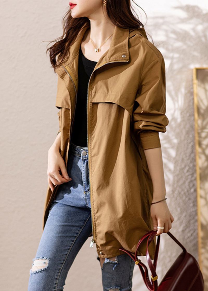 Lose Dunkel Khaki Mit Kapuze Zip Up Patchwork Baumwolle Trenchcoat Herbst - Damen-Trenchcoats