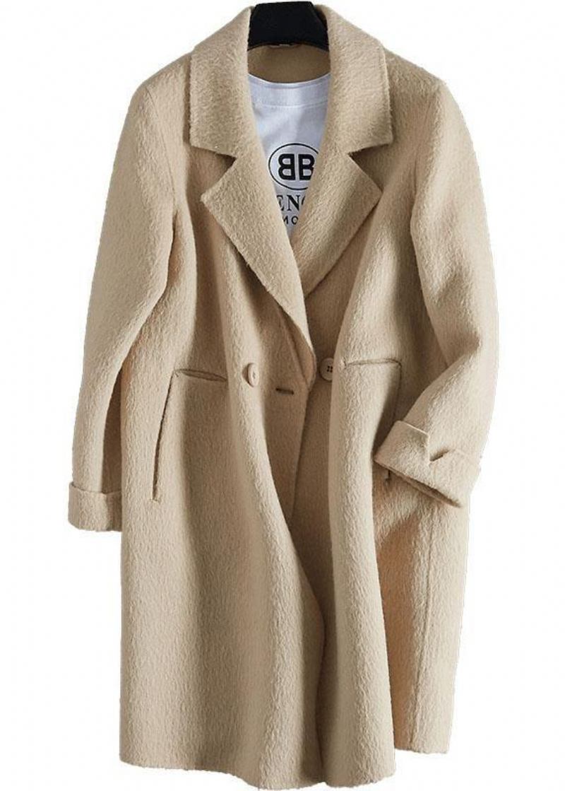 Luxuriöse Beige Wolloberbekleidung Locker Sitzende Mittellange Mäntel Kerbjacke Mit Langen Ärmeln