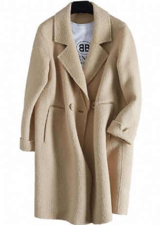 Luxuriöse Beige Wolloberbekleidung Locker Sitzende Mittellange Mäntel Kerbjacke Mit Langen Ärmeln