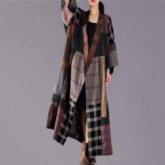 Luxuriöser Karierter Langer Mantel In Übergröße Mit V-ausschnitt Und Weitem Trenchcoat Boutique-patchwork-langjacke Mit Taillenbund