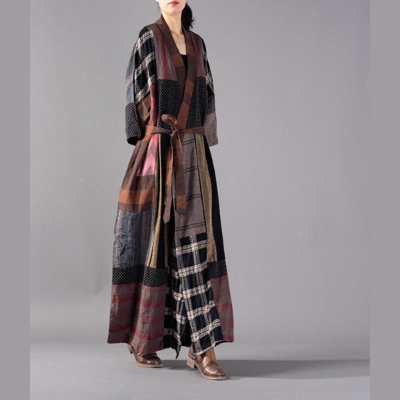 Luxuriöser Karierter Langer Mantel In Übergröße Mit V-ausschnitt Und Weitem Trenchcoat Boutique-patchwork-langjacke Mit Taillenbund - Damen-Trenchcoats