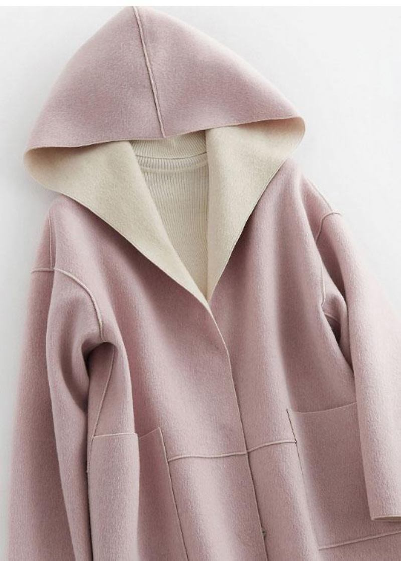 Luxuriöser Übergroßer Wintermantel Aus Wolle Mit Kapuze Und Rosa Taschen - Damen-Trenchcoats