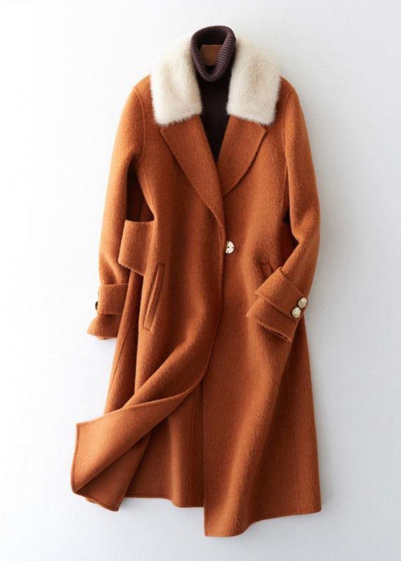 Luxus Oversize Trenchcoat Pelzkragen Braun Gekerbter Wollmantel