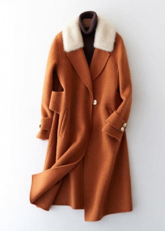 Luxus Oversize Trenchcoat Pelzkragen Braun Gekerbter Wollmantel