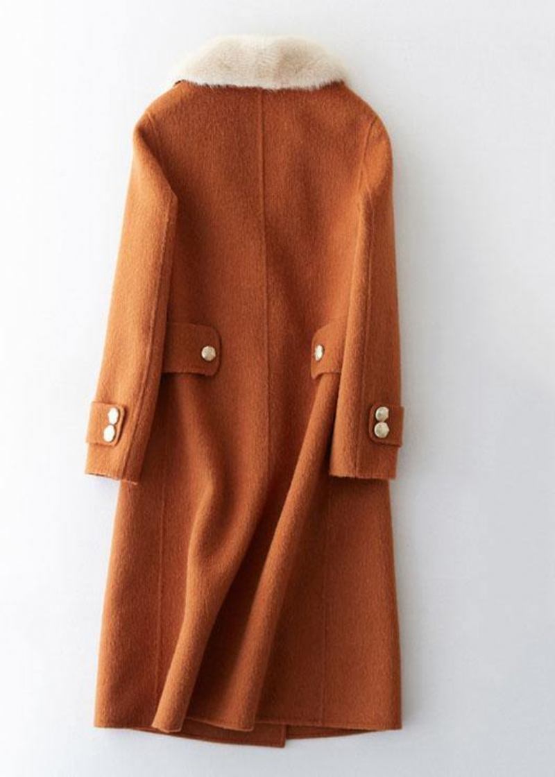 Luxus Oversize Trenchcoat Pelzkragen Braun Gekerbter Wollmantel - Damen-Trenchcoats