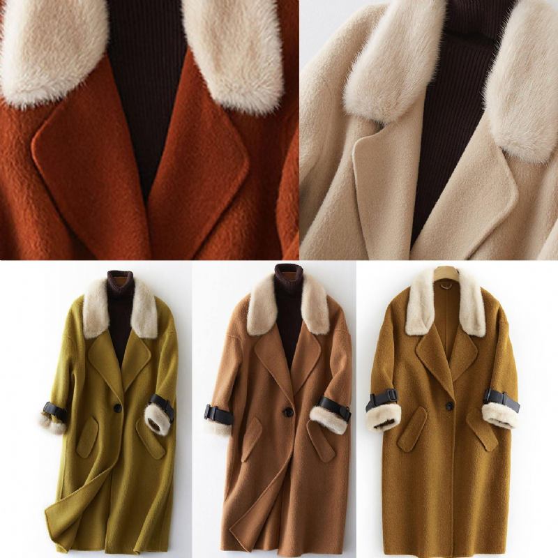 Luxus-übergrößen-kleidung Winterjacken Pelzkragen Oberbekleidung Khaki Große Taschen Wolljacken - Damen-Trenchcoats