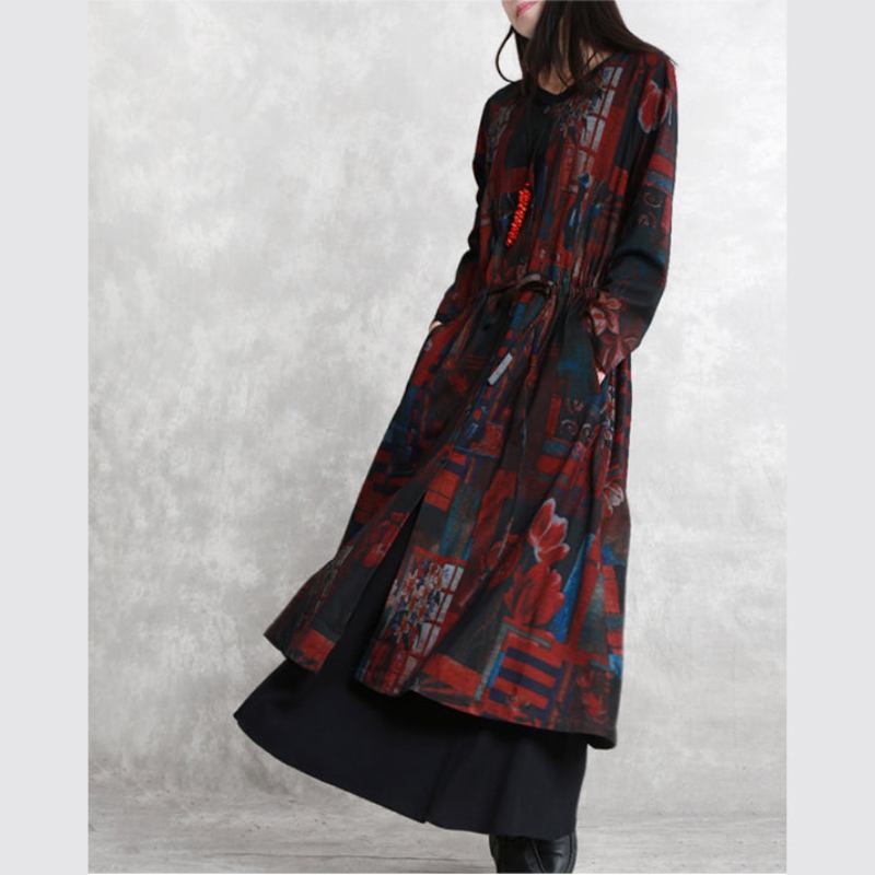 Mäntel Mit Feinem Burgunder-print Übergroße Oberbekleidung Mit Rundhalsausschnitt Und Taillenbund Elegante Mit Langen Ärmeln Und Taschen Kleider - Damen-Trenchcoats