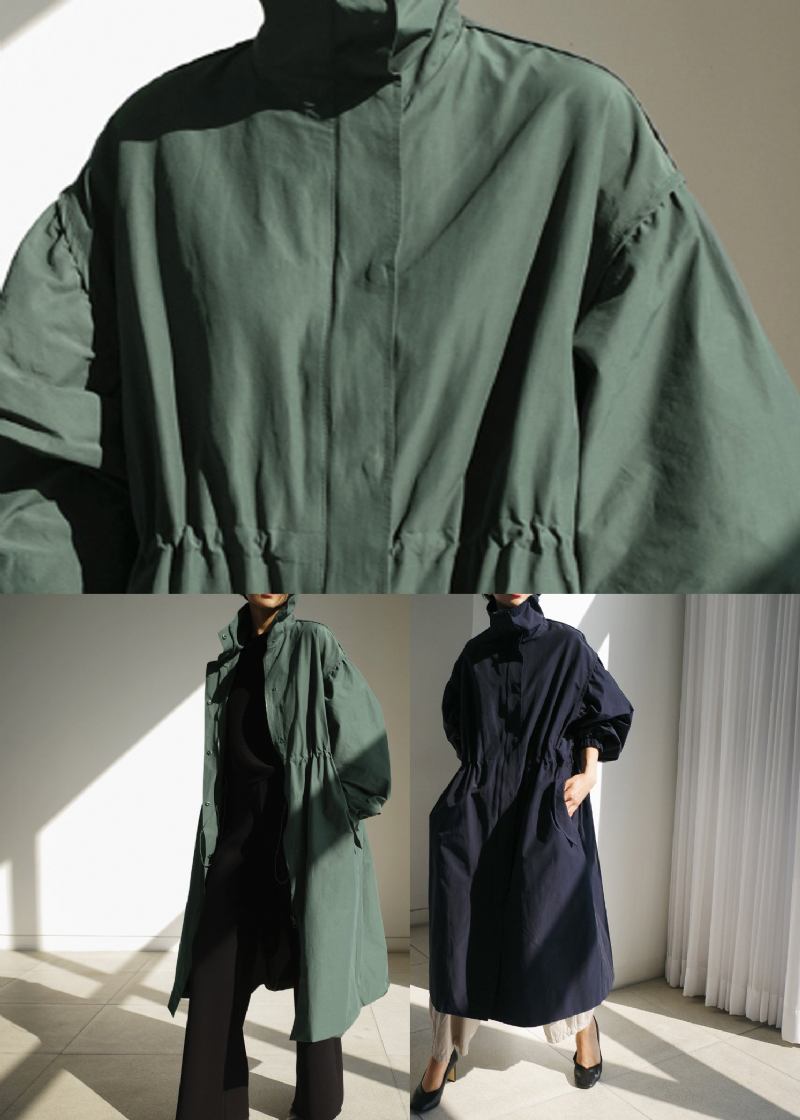 Marineblauer Trenchcoat Mit Stehkragen Und Reißverschluss Lange Ärmel - Marineblau