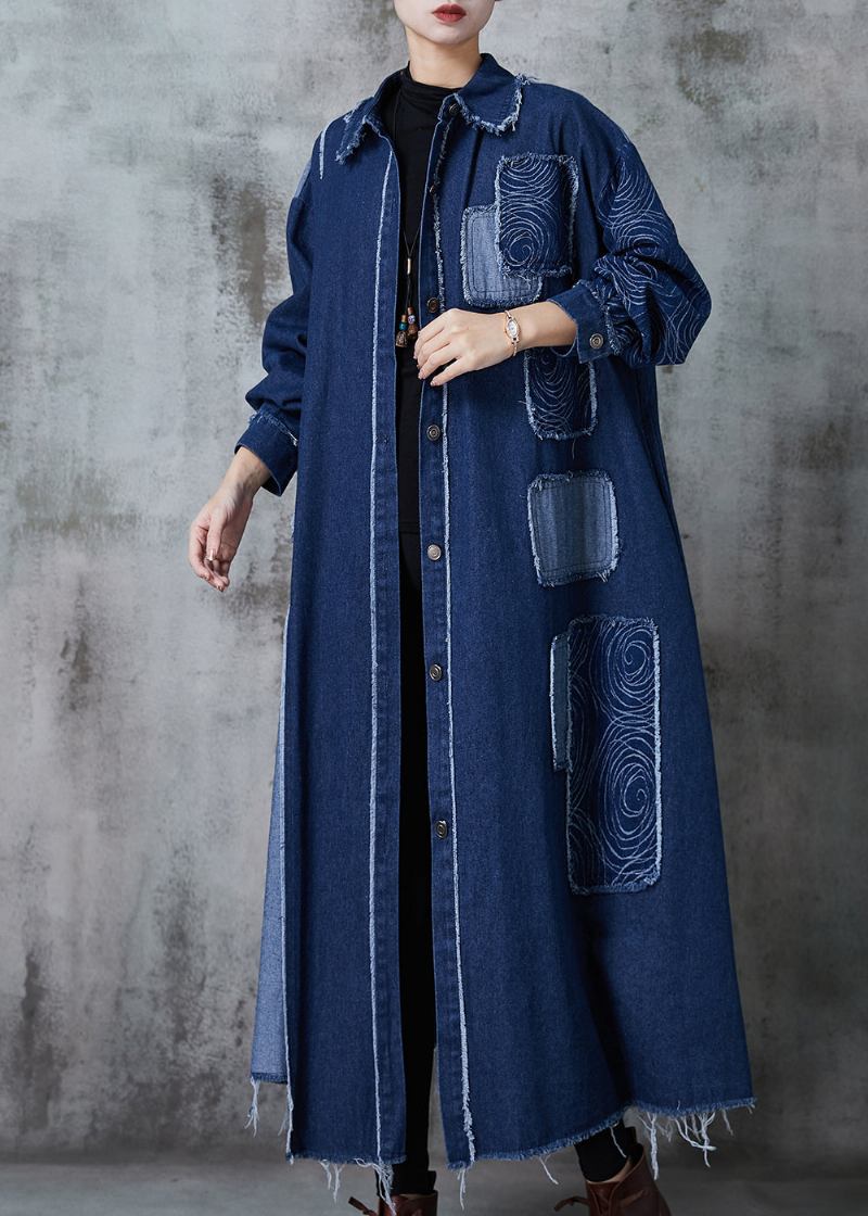 Marineblauer Übergroßer Denim-trenchcoat Mit Patchwork-applikation Frühling