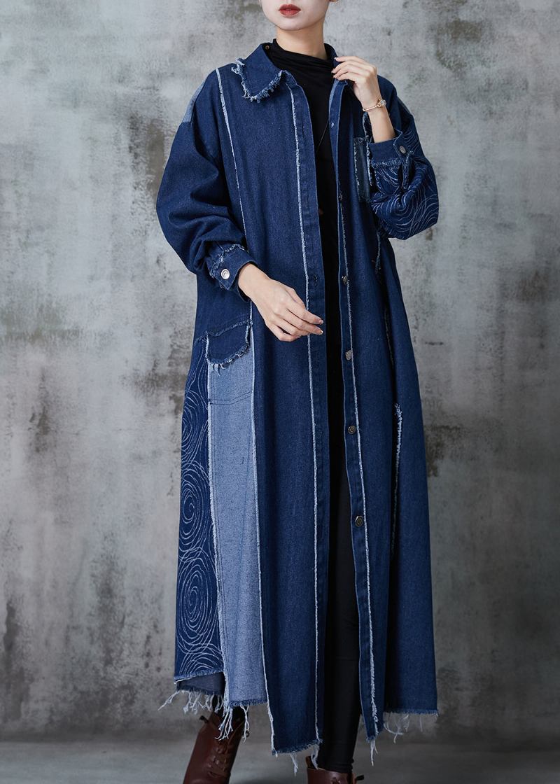 Marineblauer Übergroßer Denim-trenchcoat Mit Patchwork-applikation Frühling - Damen-Trenchcoats