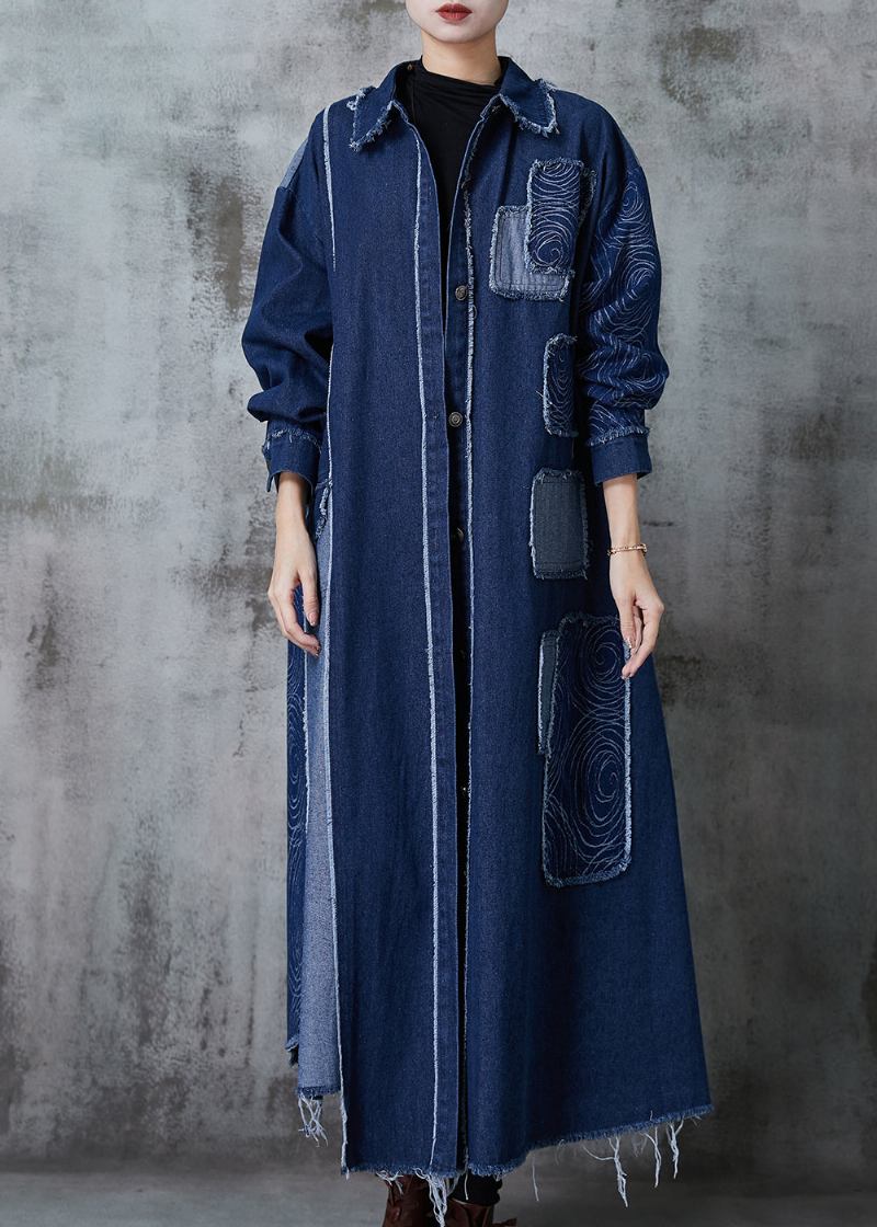 Marineblauer Übergroßer Denim-trenchcoat Mit Patchwork-applikation Frühling - Damen-Trenchcoats