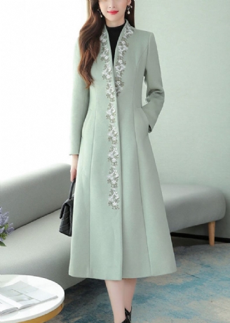 Mintgrüner Maxi-trenchcoat Aus Wolle Mit Blumenstickereien Und Langen Ärmeln