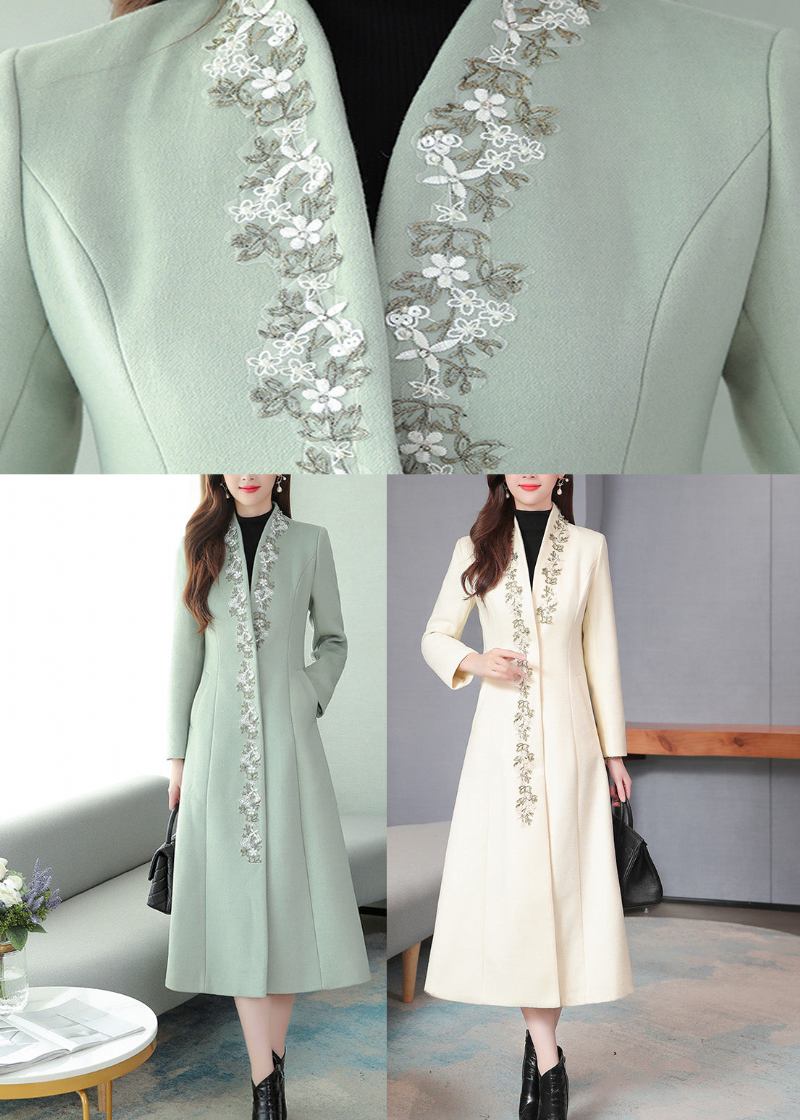 Mintgrüner Maxi-trenchcoat Aus Wolle Mit Blumenstickereien Und Langen Ärmeln - Mintgrün