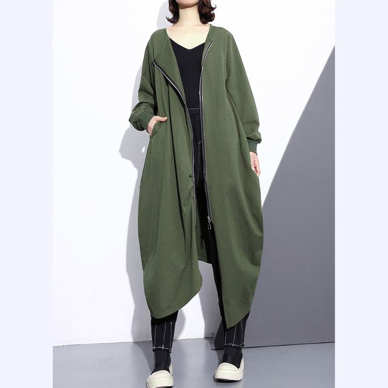 Mode Armee Grün Langen Mantel Übergröße O Neck Asymmetrische Design Outwear Reißverschluss Mäntel