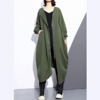 Mode Armee Grün Langen Mantel Übergröße O Neck Asymmetrische Design Outwear Reißverschluss Mäntel